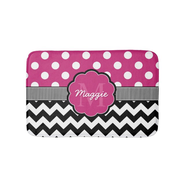 Rosa Polka dots Black Chevron Monogram Badrumsmatta (Framsidan)