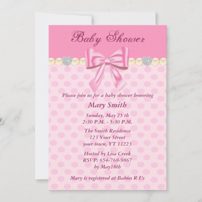 Rosa Polka dots Bow Baby Shower-inbjudan Inbjudningar (Framsida)