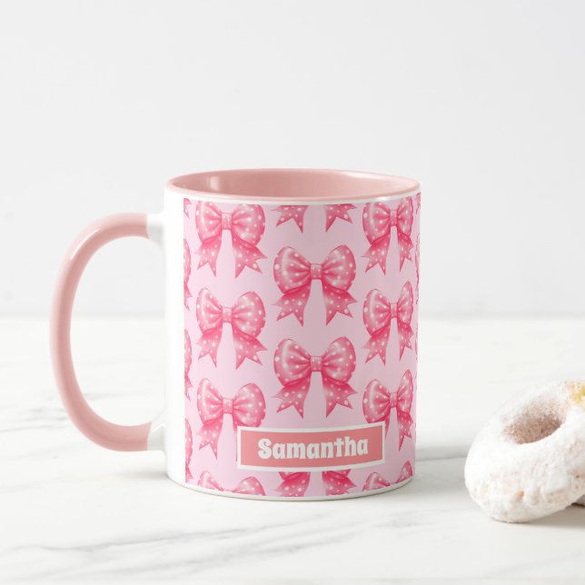 Rosa Polka dots Bow Ribbon Personlig Namn Mugg (Med munk)