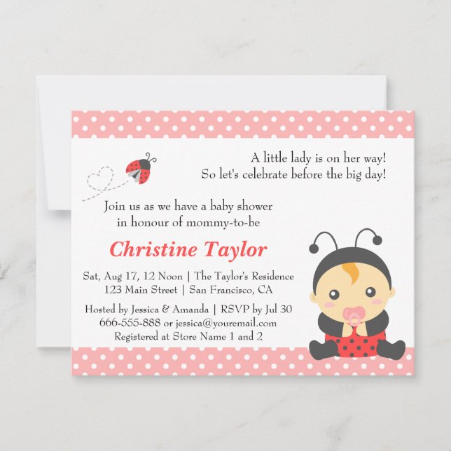 Rosa Polka dots Cute Ladybug Girl Baby Shower Inbjudningar (Framsida)