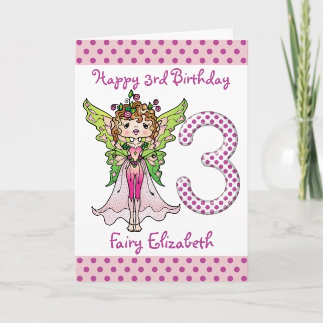 Rosa Polka dots Fairy Princess 3:e födelsedagen Kort (Framsida)