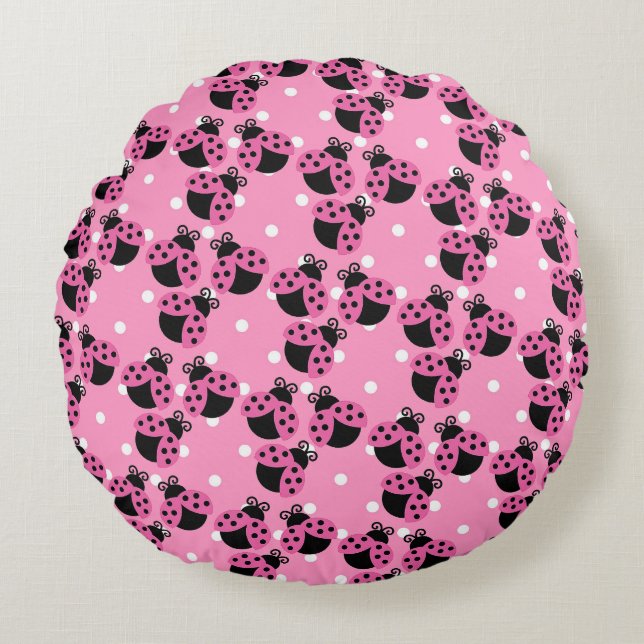Rosa Polka dots och Ladybugs Rund Kudde (Framsidan)
