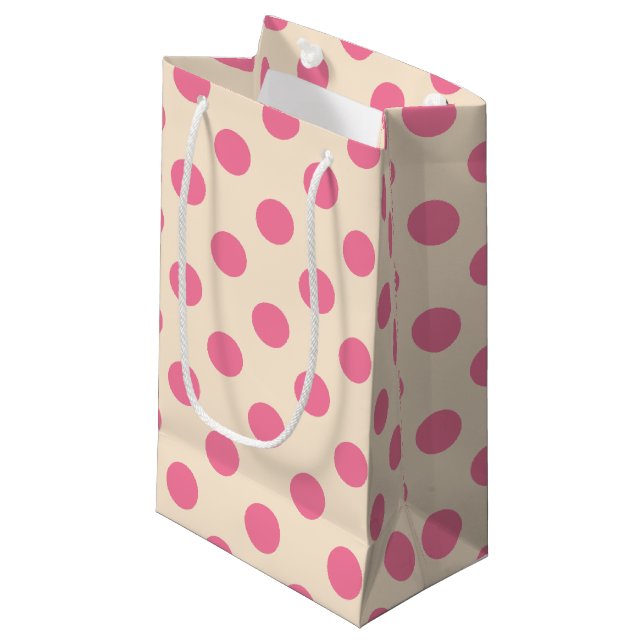 Rosa polka dots på gräddpåse med liten presentväsk (Framsidan Vinklad)