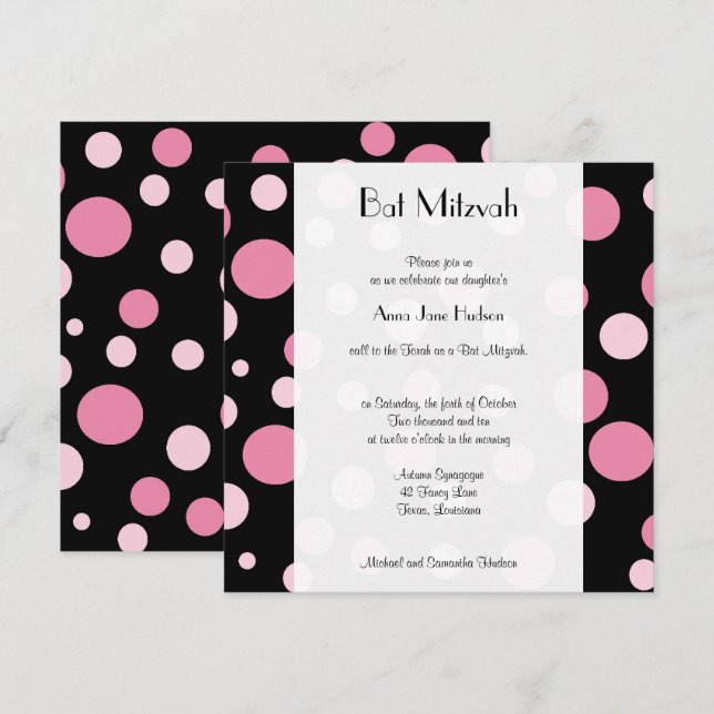 Rosa Polka dots, Polka Dot Mönster, Bat mitzvah Inbjudningar (Fram/baksida)