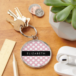 Rosa Polka dots, Polka Dot Mönster, ditt namn Rund Silverfärgad Nyckelring