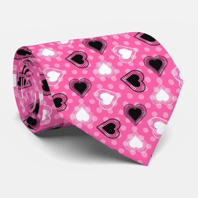 Rosa Polka dots Snöre Hearts Slips (Rullad)
