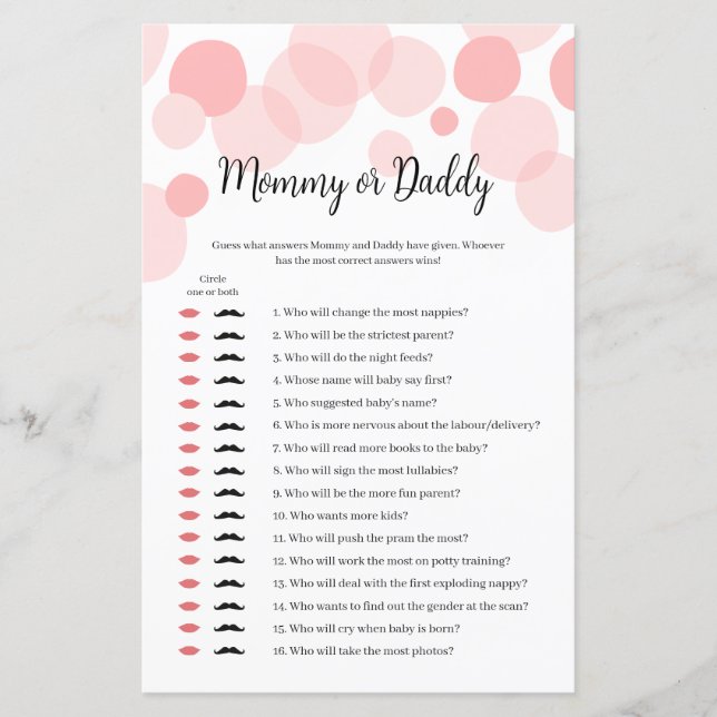 Rosa Polka Girl Baby Shower Mamma eller pappa Game (Framsida)