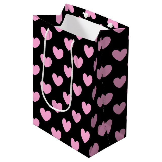 Rosa-polka-hjärtan på svart bomull (Framsidan Vinklad)