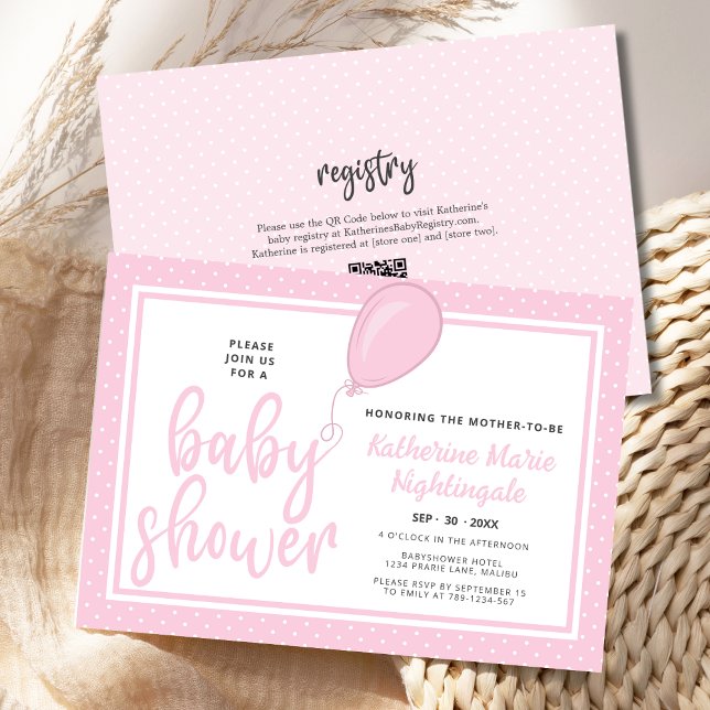 Rosa Polka-punkt-BOHO QR-kod för barn, babyskor Inbjudningar (Pastel Pink Polka Dot Baby Shower Invitation with balloon, QR code, registry.)