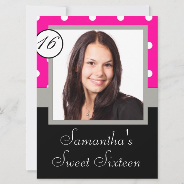 Rosa polkadot sweet sixteen inbjudningar (Framsida)