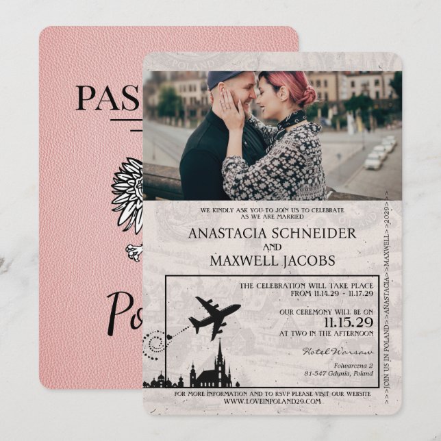Rosa Polsk bröllopsinbjudan Inbjudningar (Fram/baksida)