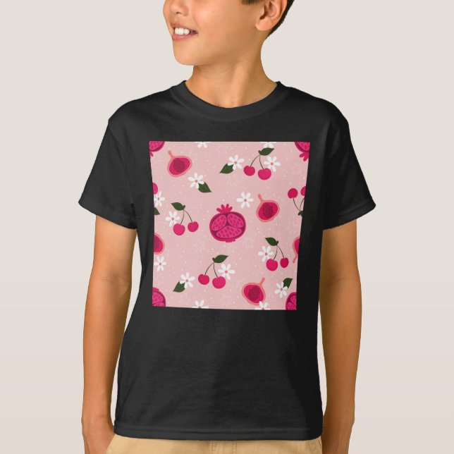Rosa Pomegranat Fruit Cherry Blommigt Daisy Sticke T Shirt (Framsida)
