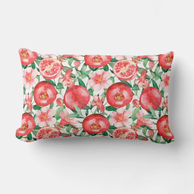 Rosa Pomegranat Frukt och Bloom Lumbar Pillow Lumbarkudde (Framsida)