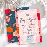 Rosa Pomegranate Mönster Bat Mitzvah Inbjudningar<br><div class="desc">Denna stilrena och kitschartade Bat Mitzvah-inbjudan har en rosa bakgrund med ett pomegranatemönster i rött,  orange och marinblått. Baksidan har en marinblå bakgrund med ett pomegranatemönster. Anpassa den efter dina behov. Du hittar matchande produkter i min butik.</div>