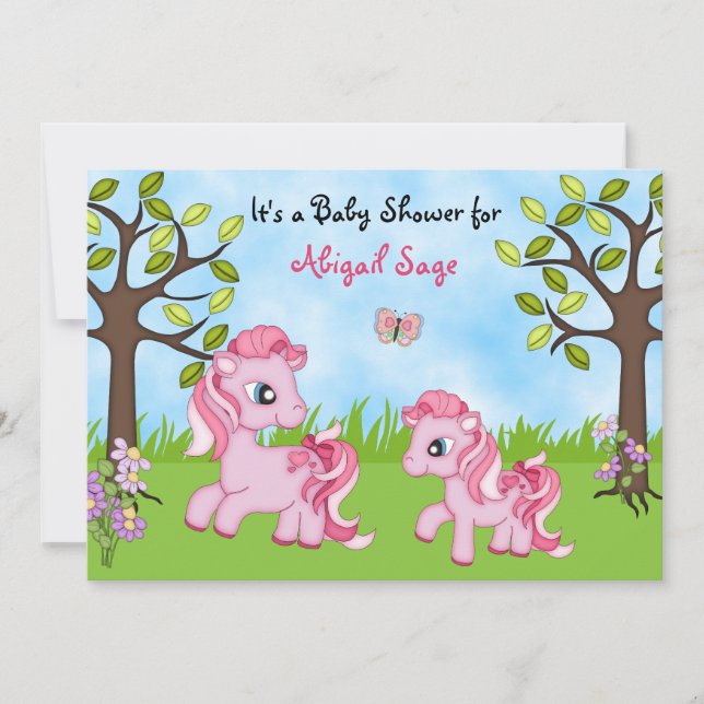 Rosa Ponies Horse Baby Shower Inbjudan ~ Girls (Framsida)