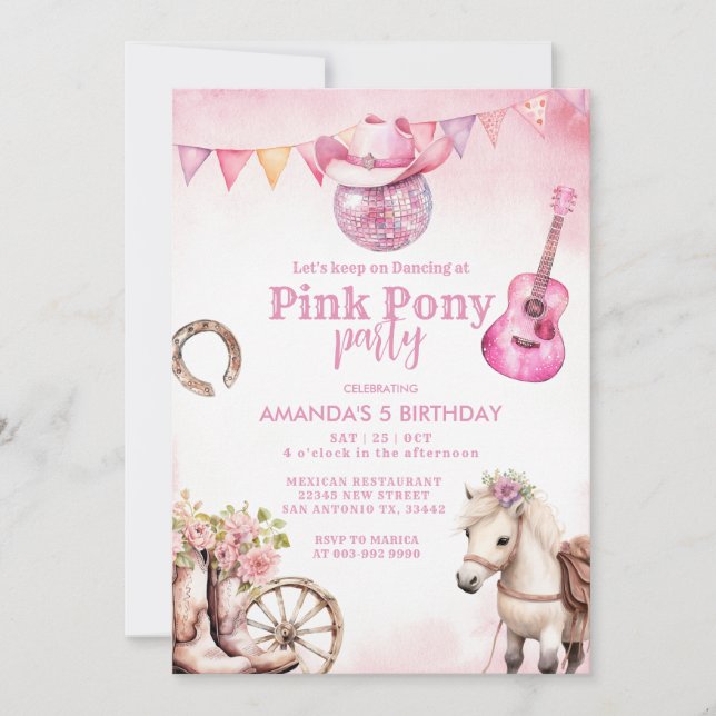 Rosa Pony Party Land Western Girl Birthday Inbjudningar (Framsida)