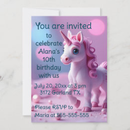 Rosa Pony Unicorn Födelsedagsfest inbjudan