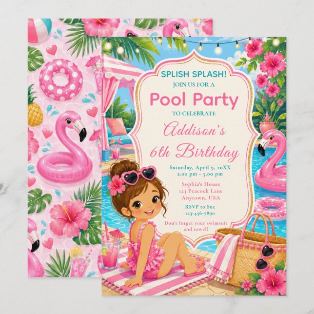 Rosa poolparty-flickar födelsedag inbjudningar (Fram/baksida)