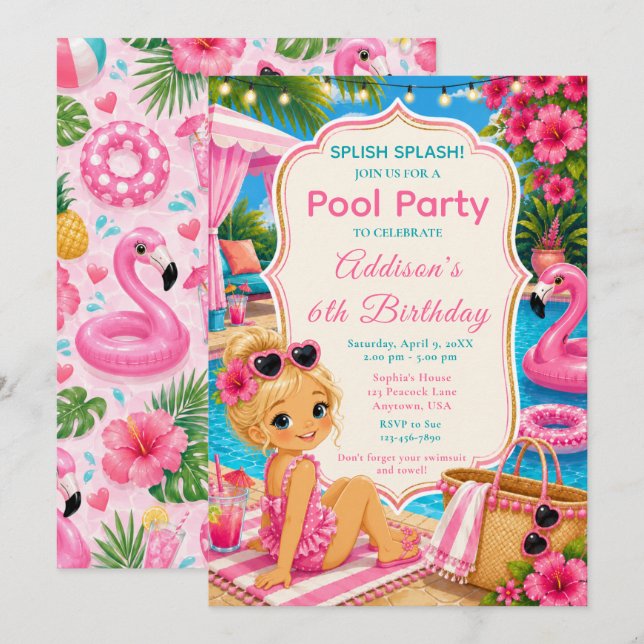 Rosa poolparty flickors födelsedag inbjudningar (Fram/baksida)