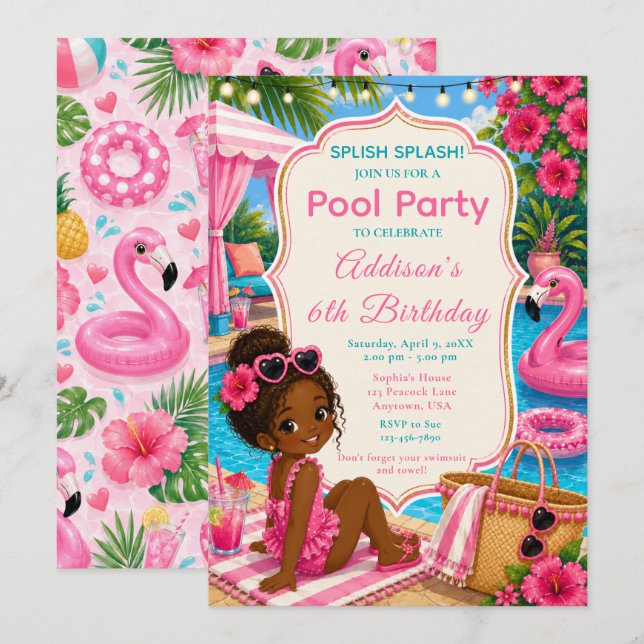 Rosa poolparty flickors födelsedag inbjudningar (Fram/baksida)