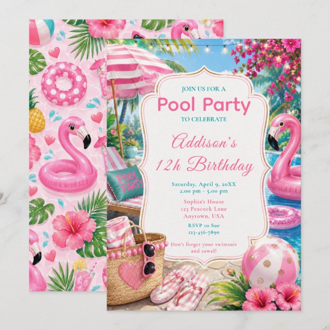 Rosa poolparty flickors födelsedag inbjudningar (Fram/baksida)