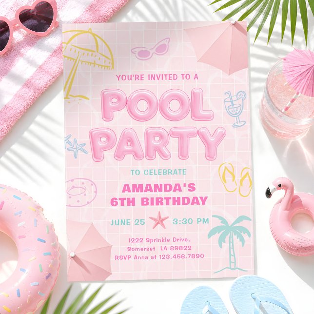Rosa poolparty flicktema födelsedag alla år inbjudningar (Skapare uppladdad)