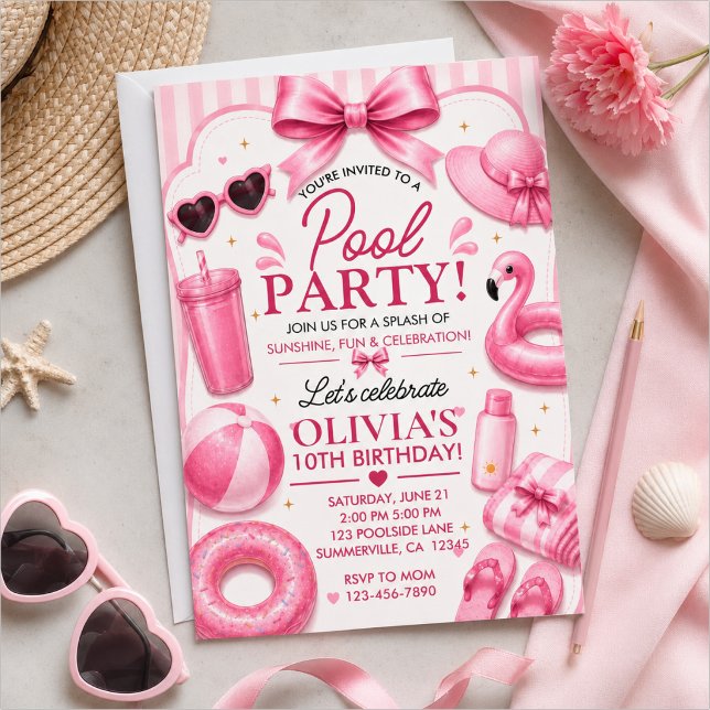Rosa poolparty födelsedagsfest inbjudningar (Skapare uppladdad)