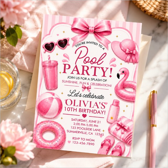 Rosa poolparty födelsedagsfest inbjudningar (Skapare uppladdad)