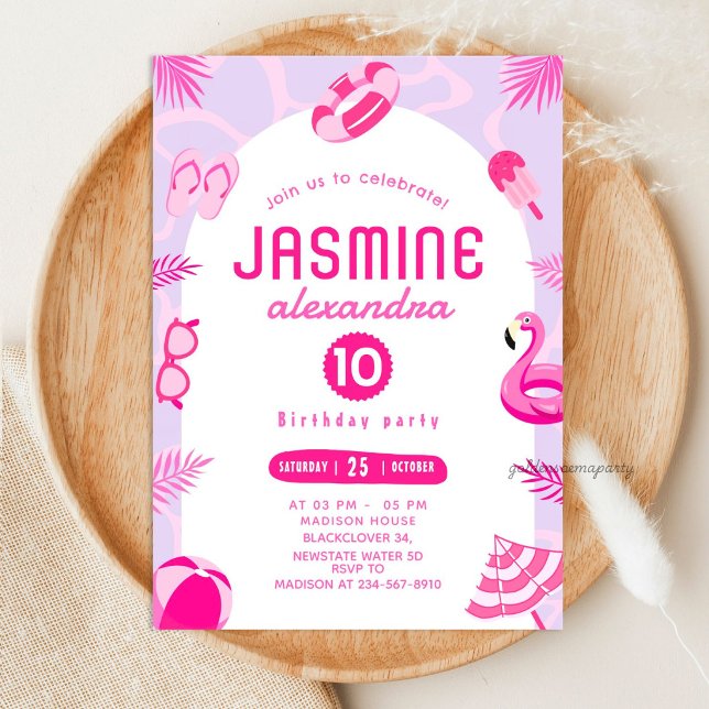 Rosa poolparty redigerbar födelsedagsinbjudan inbjudningar (Pink Pool Party Editable Birthday Invitation)
