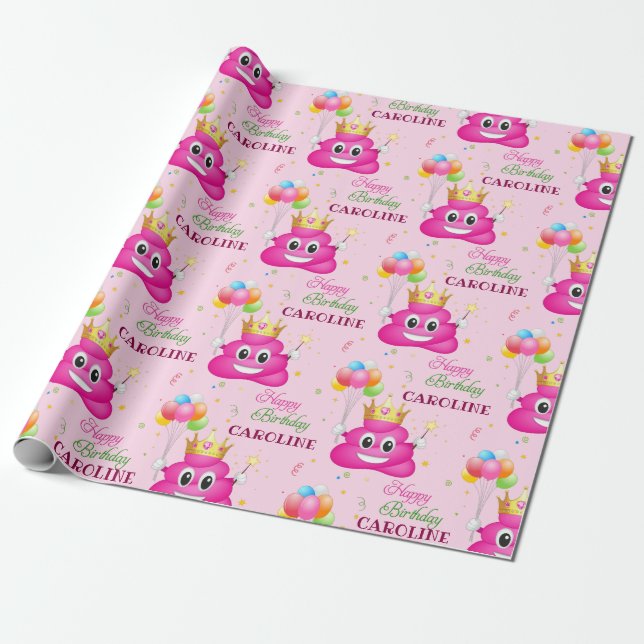Rosa Poop Emoji Princess Födelsedagsfest Presentpapper (Utrullad)