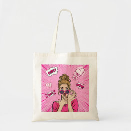 Rosa Pop Art Glamour Flicka Serieteckning Toteväsk Tygkasse
