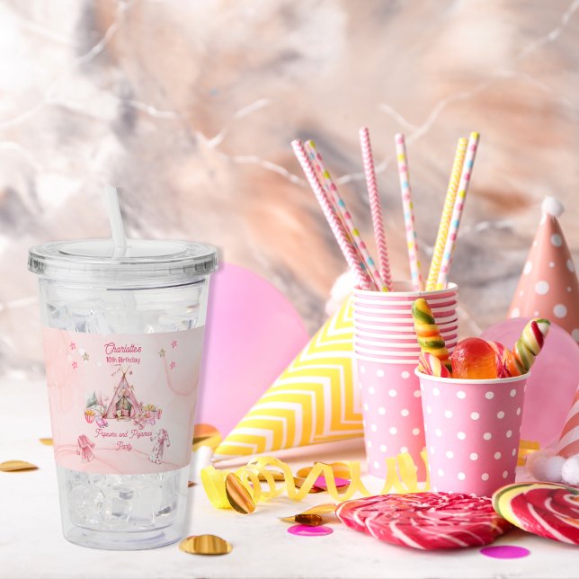 Rosa Popcorn och Pajamas Slumber Födelsedagsfest Take Away Mugg (Pink "Popcorn and Pajamas"  Slumber | Sleepover Birthday Party Popcorn Acrylic Tumbler)
