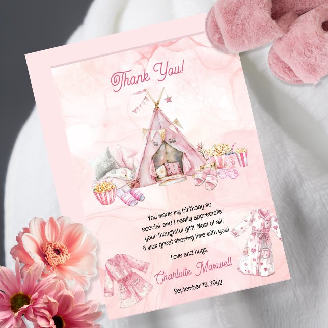Rosa Popcorn och Pyjamas Sömn Födelsedagsfest Tack Kort (Pink Popcorn and Pajamas  Slumber | Sleepover Birthday Party Thank You Card)
