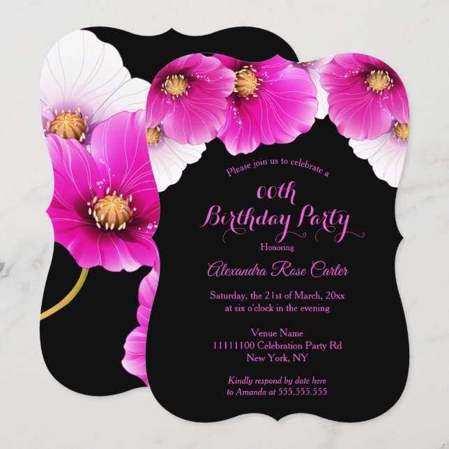 Rosa Poppies blommigt Black Födelsedagsfest Inbjudningar (Fram/baksida)
