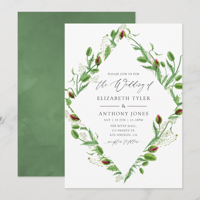 Rosa Poppies Bröllop Inbjudningar (Fram/baksida)