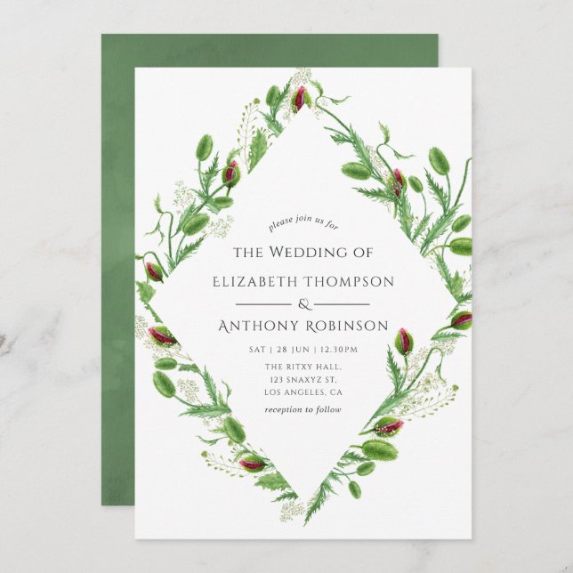 Rosa Poppies Bröllop Inbjudningar (Fram/baksida)