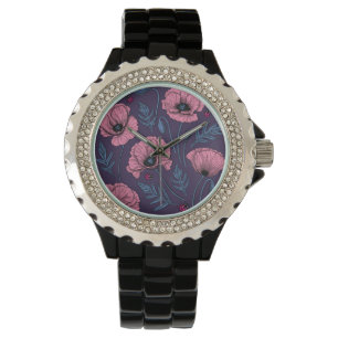 Rosa poppies på mörk violett armbandsur