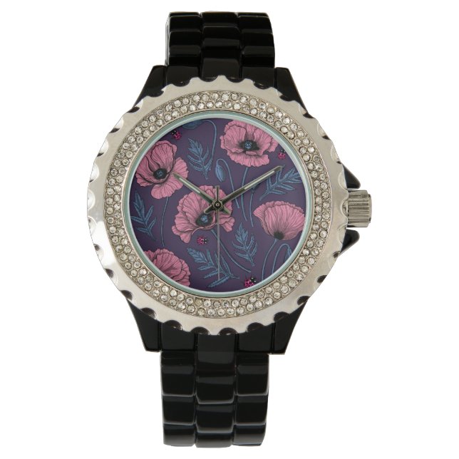 Rosa poppies på mörk violett armbandsur (Framsida)