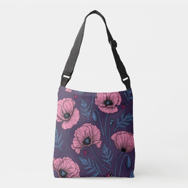 Rosa poppies på mörk violett axelväska (Framsida)