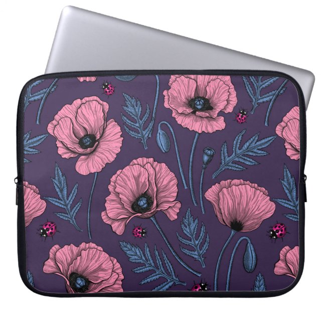 Rosa poppies på mörk violett laptop fodral (Framsidan)
