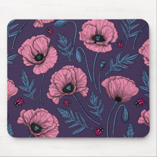 Rosa poppies på mörk violett musmatta