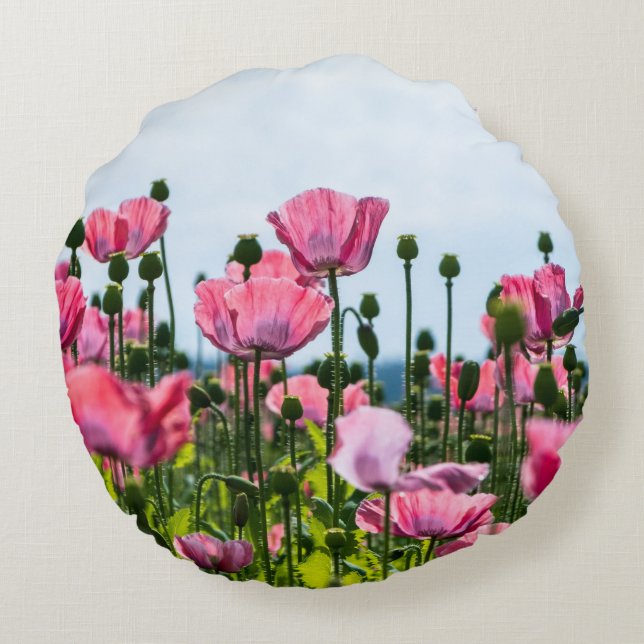 Rosa Poppies Rund Kudde (Baksidan)