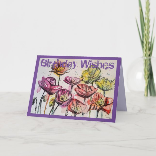 Rosa Poppies Watercolor and bläck Birday Card Kort (Framsida)