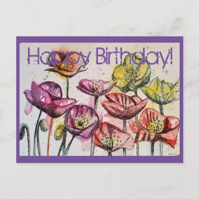 Rosa Poppies Watercolor and bläck Birday Card Vykort (Framsida)