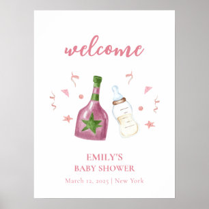 Rosa Poppin Champagne Flaskor Baby Shower Välkomme Poster