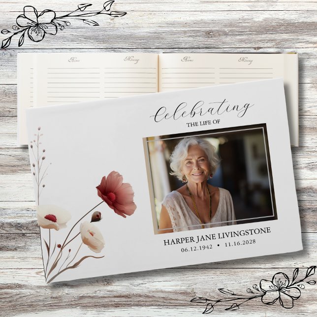 Rosa Poppy Blommigt Funeral Memorial Gästböcker (Skapare uppladdad)