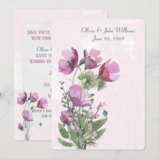 Rosa Poppy bouquet bröllopsinbjudan Inbjudningar (Fram/baksida)