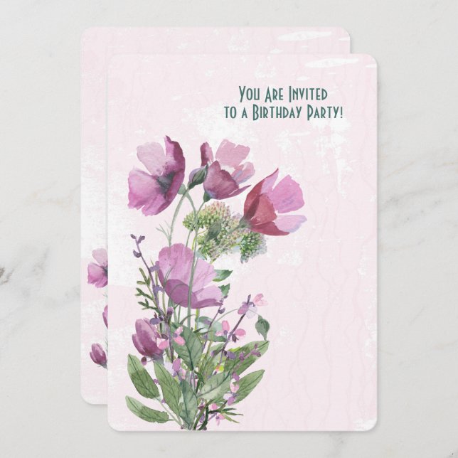 Rosa Poppy bouquet Födelsedagsfest Inbjudningar (Fram/baksida)