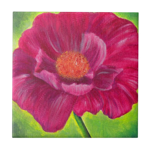 Rosa Poppy Flower Closeup Acrylic Painting Kakelplatta (Framsidan)