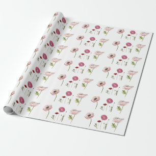 Rosa Poppy Flowers Blommönster in White Presentpapper